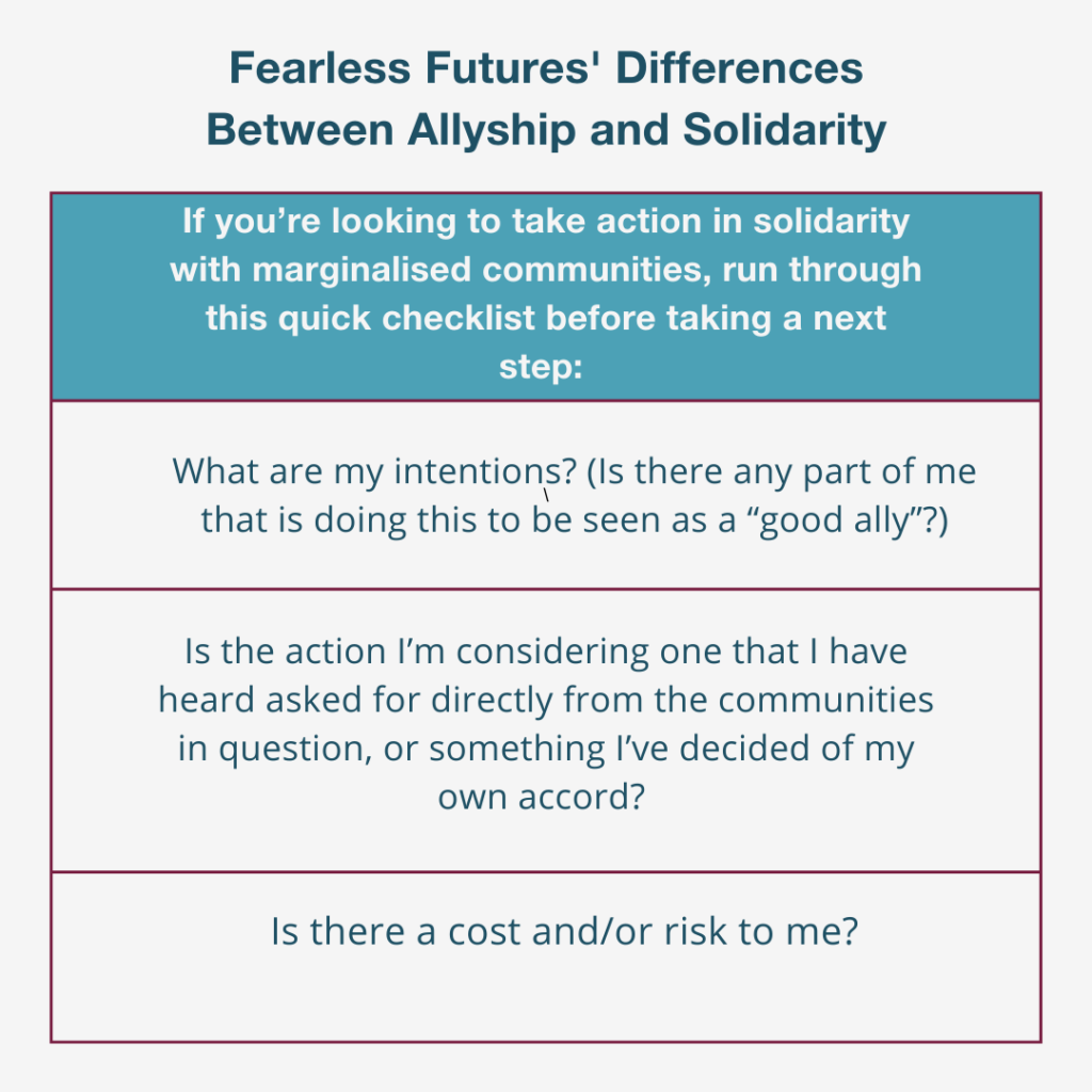 a 4 row chart that breaks down the differences between allyship and solidarity 